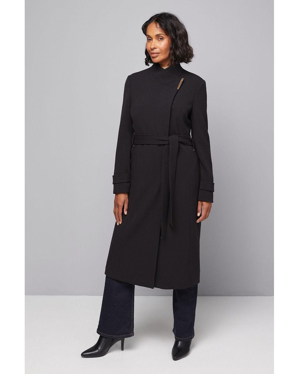 Wallis Black Double Crepe Wrap Belted Coat