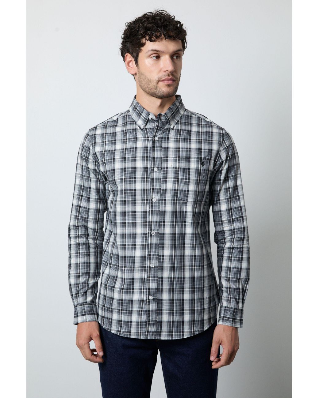 MAINE Blue Dark Plaid Check Long Sleeve Shirt for men