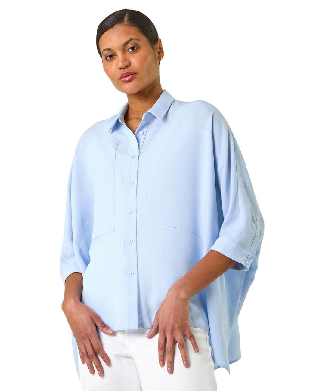 Roman Blue Boxy Relaxed Button Blouse