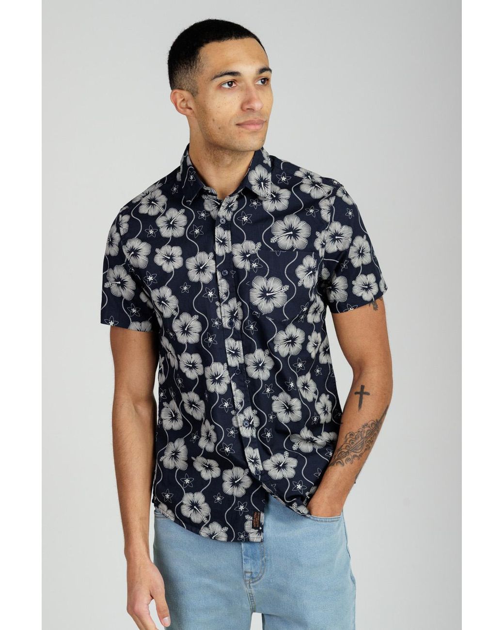 Tokyo Laundry Blue Cotton Poplin Button-Up Shirt With Abstract Floral Print for men