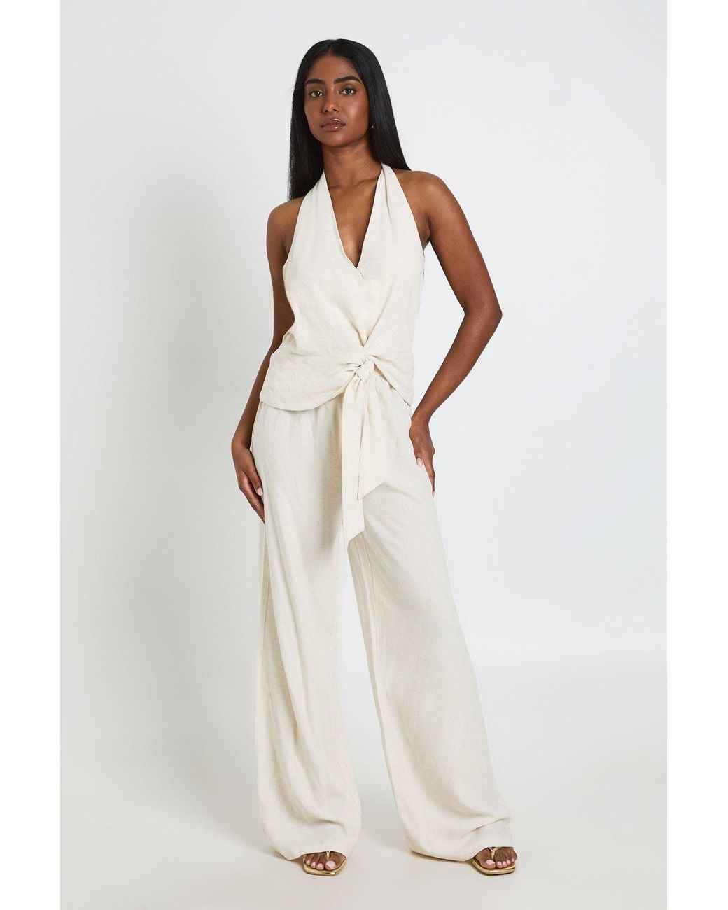 Boohoo White Halterneck Linen Look Knot Front Wide Leg Jumpsuit
