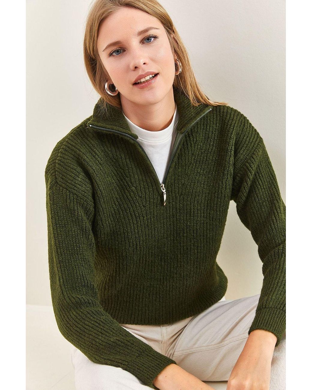 Bianco Lucci Green Oversized Textured Knit Sweater With Zipper Collar