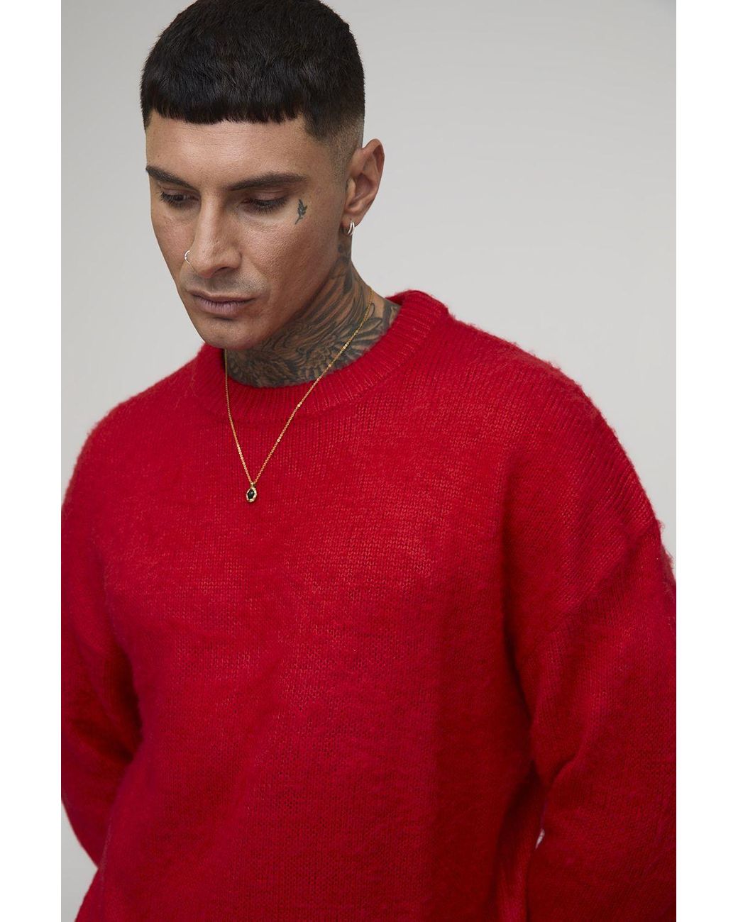 BoohooMAN Red Tall Essential Boxy Fit Brushed Knitted Jumper for men