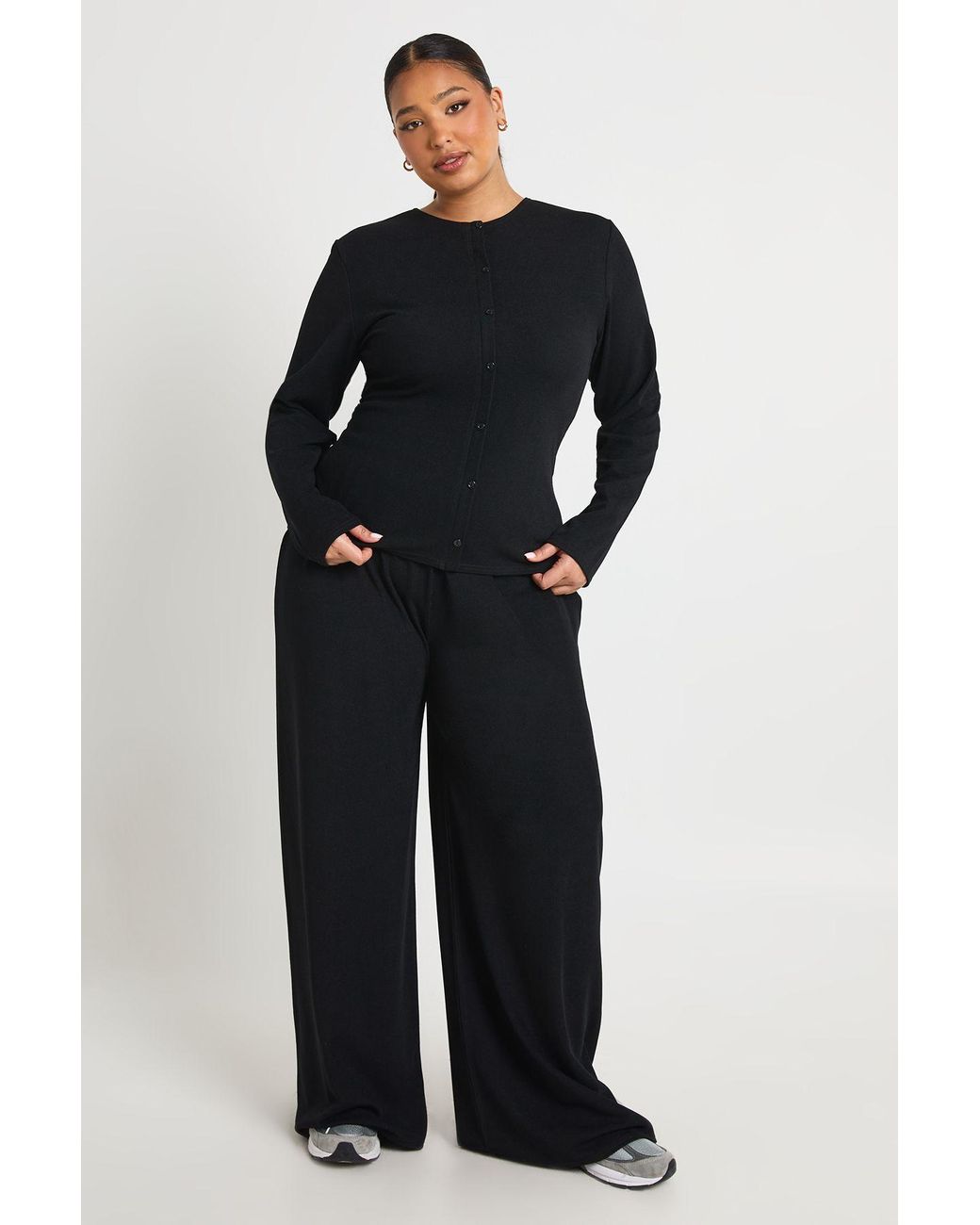 Boohoo Blue Plus Rib Button Through Long Sleeve Top & Trouser Co Ord