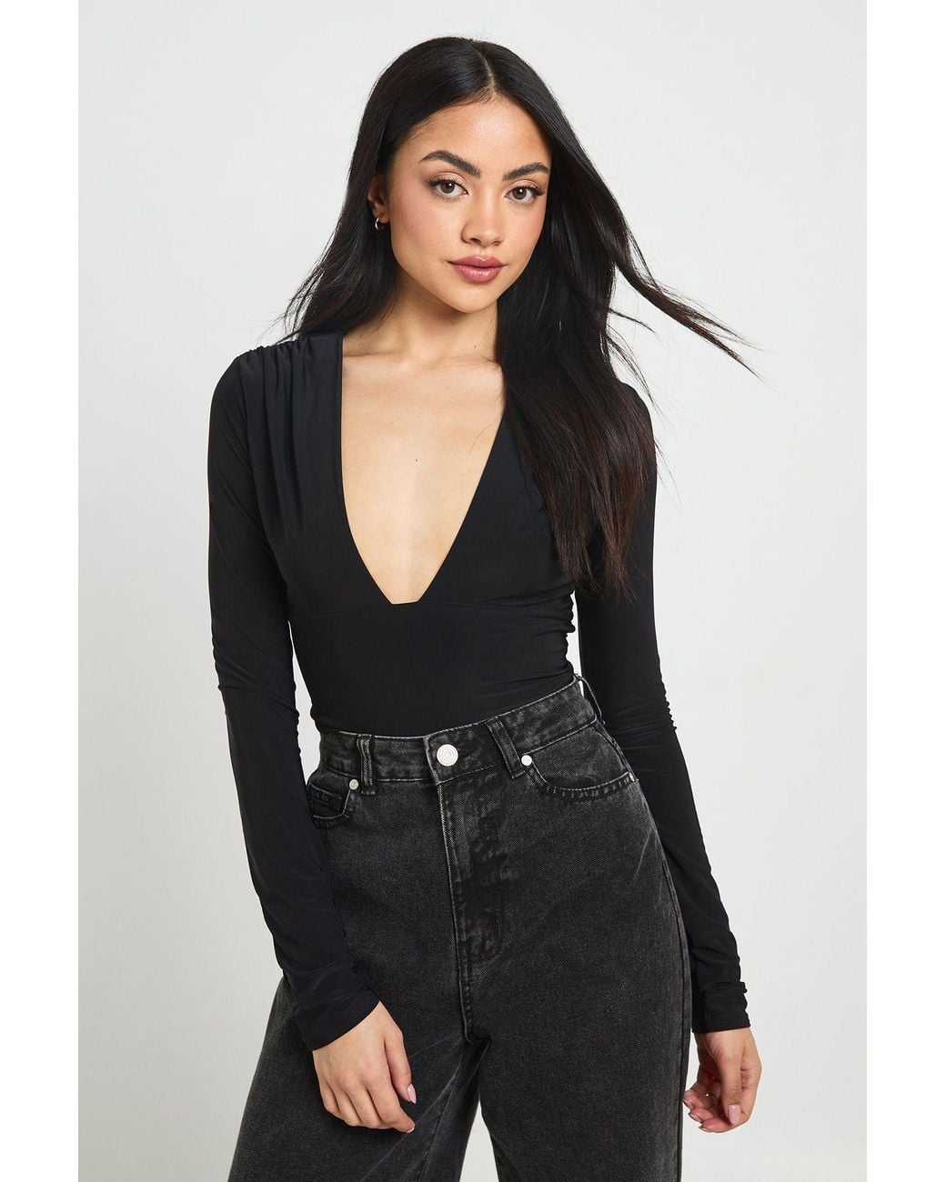 Boohoo Black Deep Plunge Long Sleeve Top