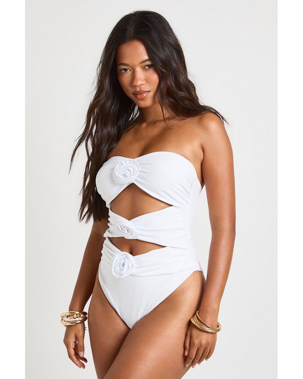 Boohoo White Flower Trim Cut Out Bandeau Swimsuit