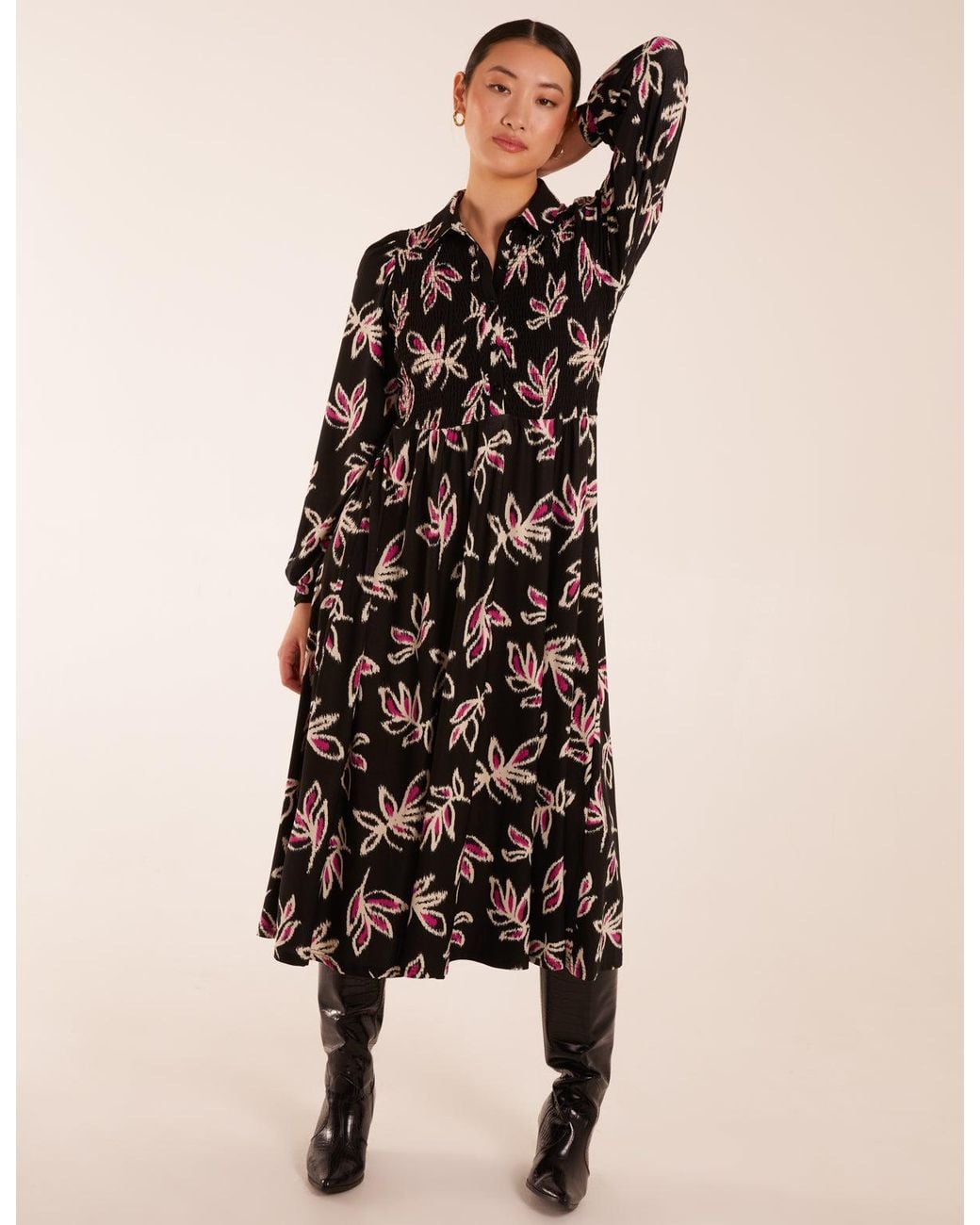 Blue Vanilla Natural Shirred Bust Long Sleeve Midi Shirt Dress