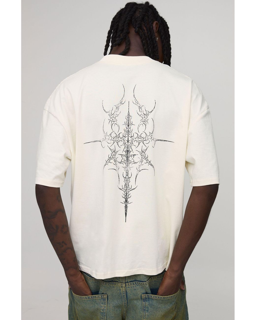 BoohooMAN White Oversized Boxy Extended Neck Grunge Stencil T-Shirt Cotton for men