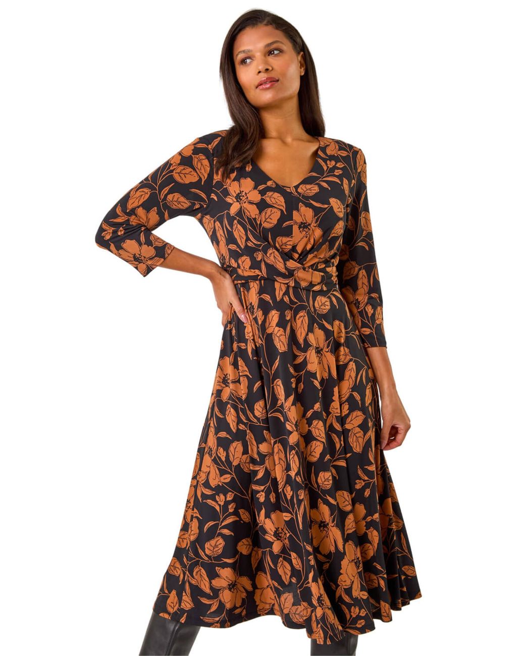 Roman Brown Leaf Print Wrap Midi Dress