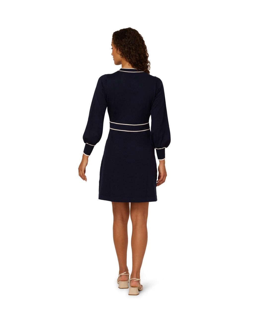 Adrianna Papell Blue Tie Neck Tipped Fit And Flare Knee Length Sweater Dress