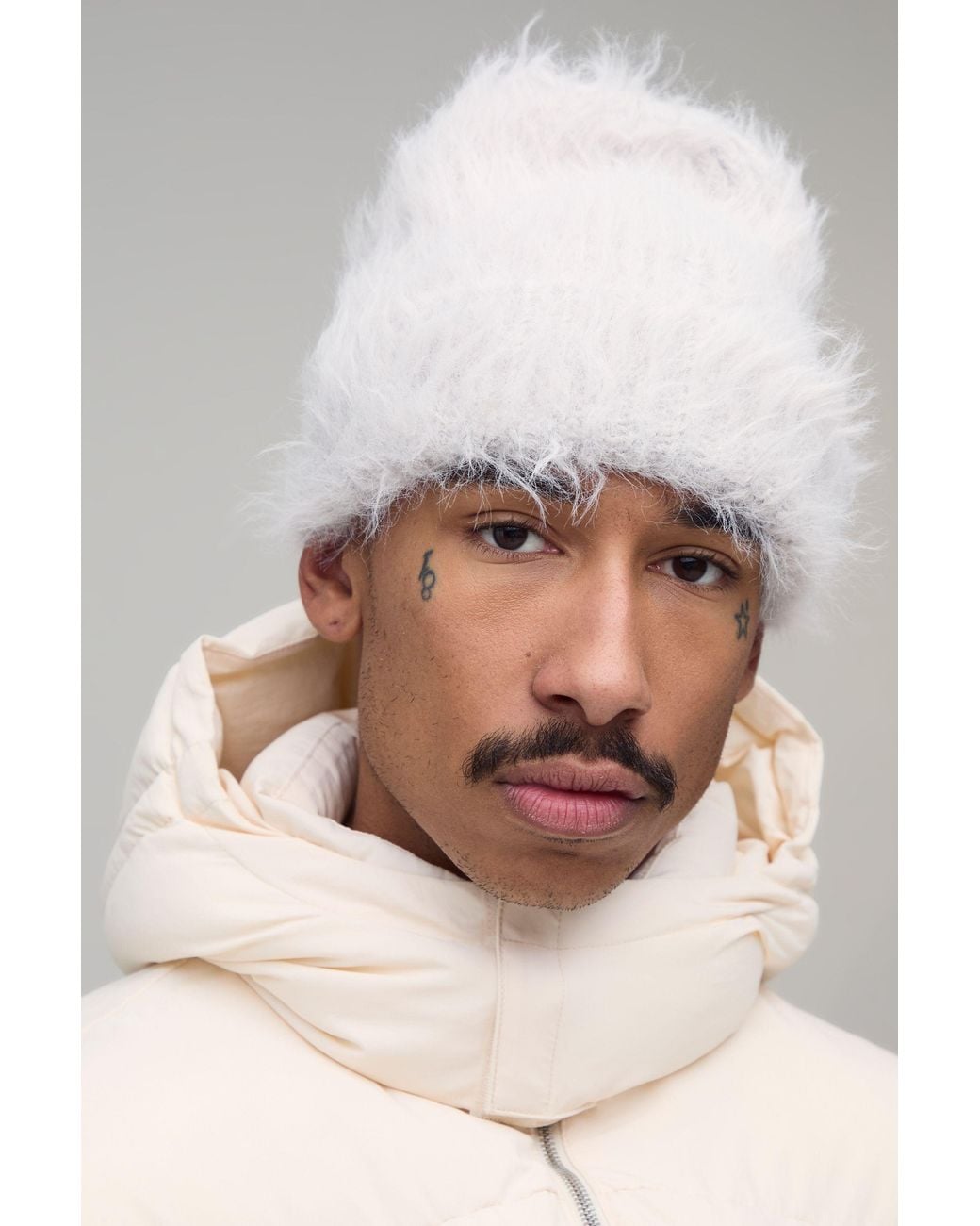BoohooMAN Natural Ribbed Fluffy Beanie for men