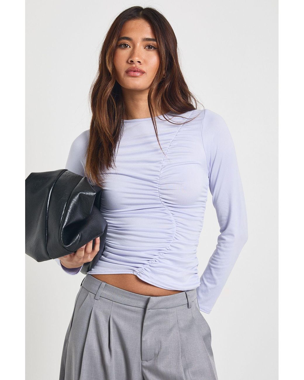 Boohoo Gray Asymmetric Ruched Detail Long Sleeve Top