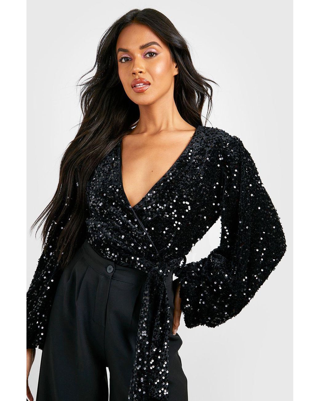 Boohoo Black Volume Sleeve Velvet Sequin Bodysuit