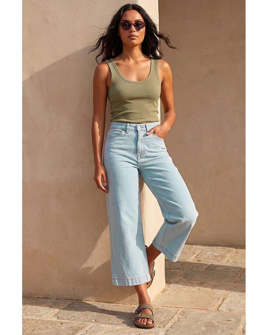 Roman Blue Wide Leg Stretch Denim Cropped Culottes