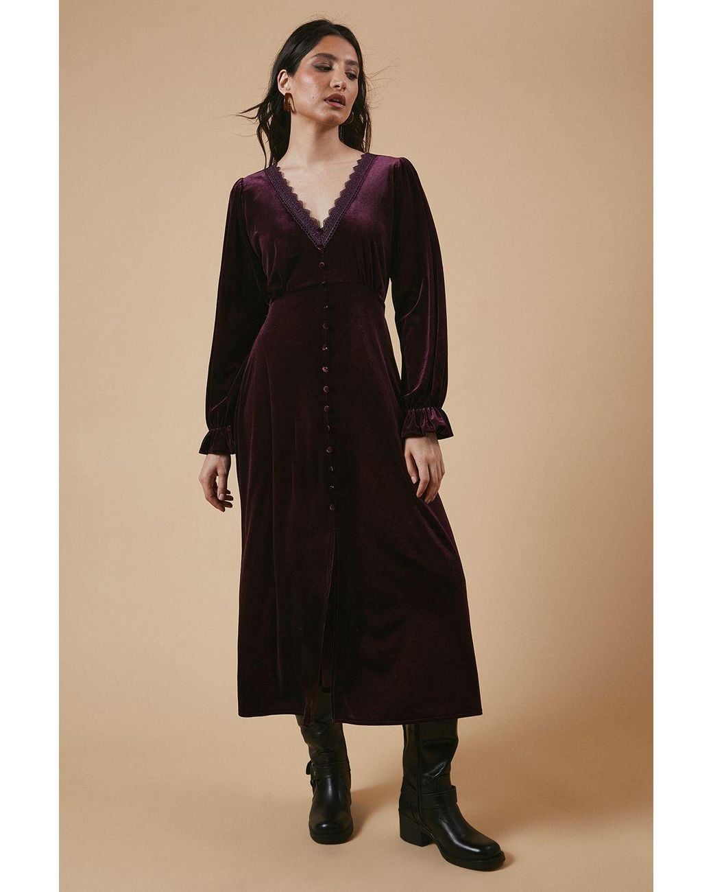 Oasis Black Velvet Lace Trim Button Through Midi Dress