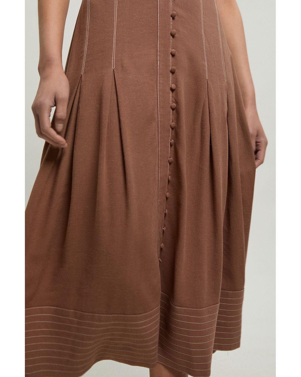 Karen Millen Brown Contrast Topstitch Seam Detail Midi Dress