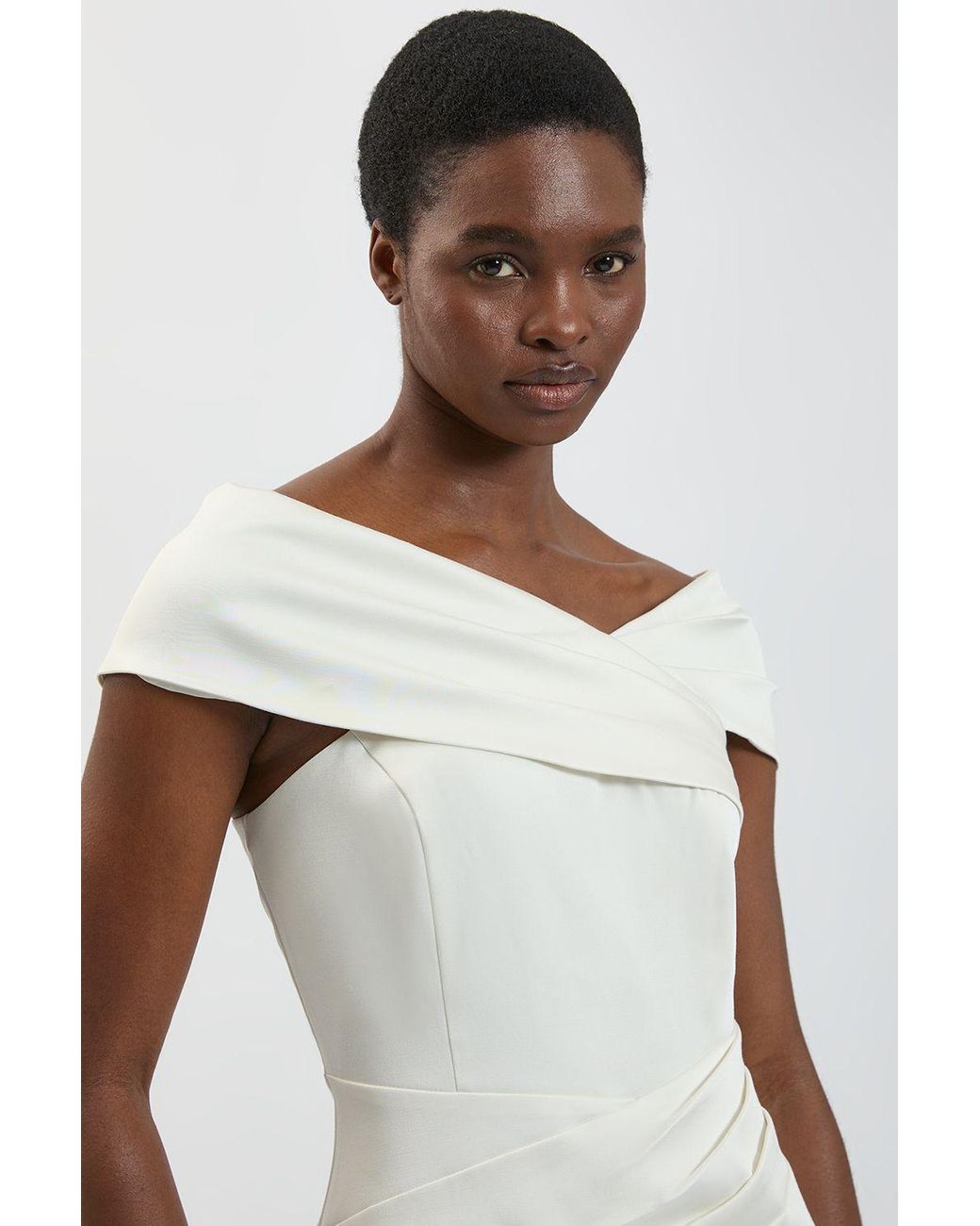 Karen Millen White Petite Tailored Satin Drape Asymmetric Maxi Fishtail Dress