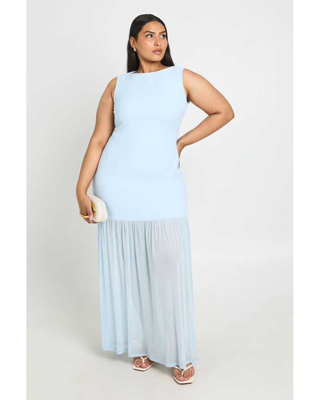 Boohoo Blue Plus Sheer Skirt Slash Neck Maxi Dress