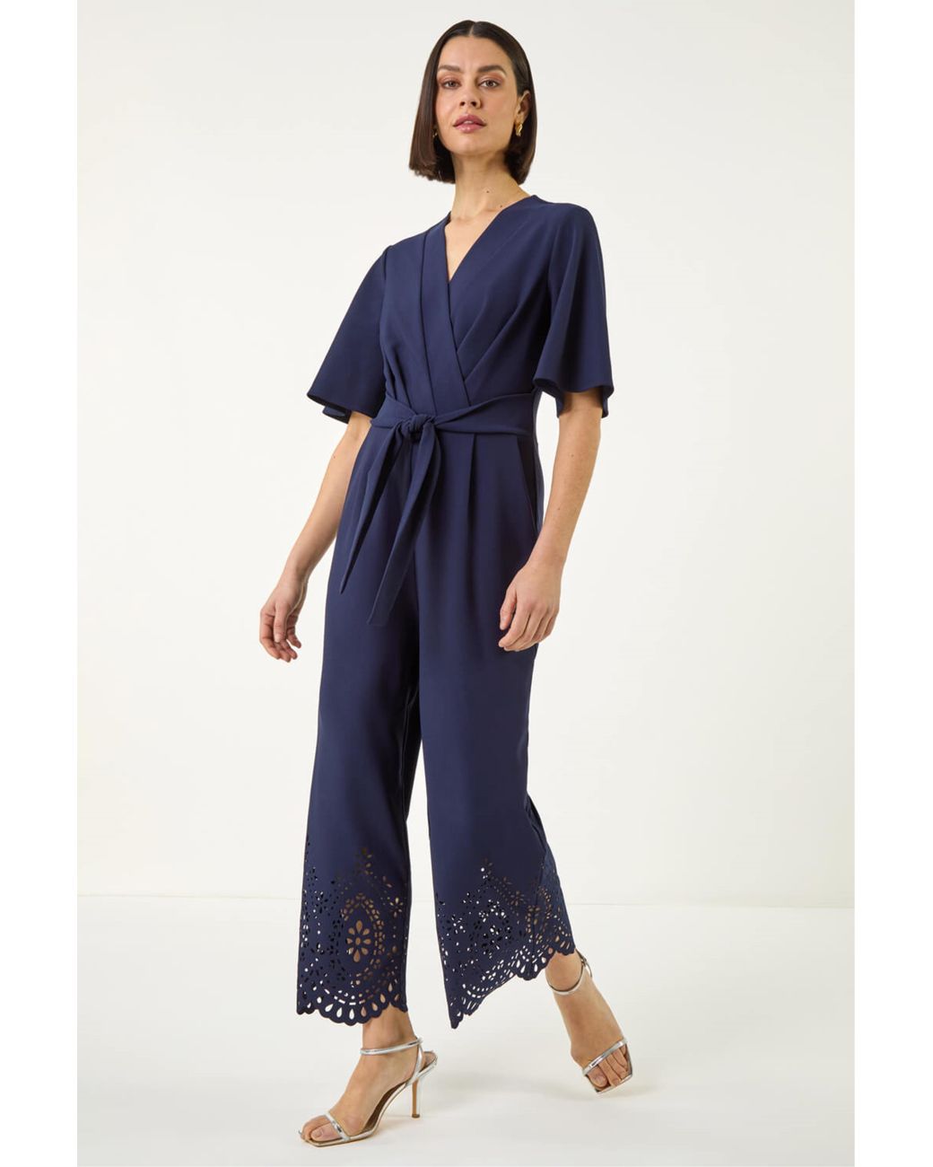 Roman Blue Laser Cut Hem Wrap Front Jumpsuit