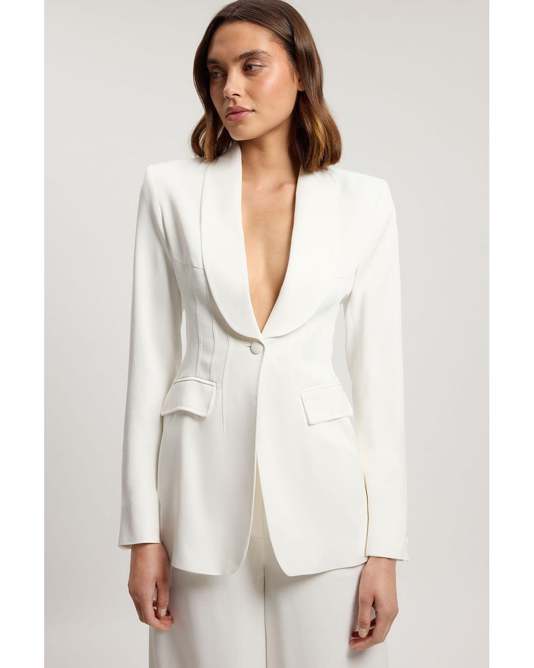 Karen Millen White Petite Structured Satin Tailored Blazer