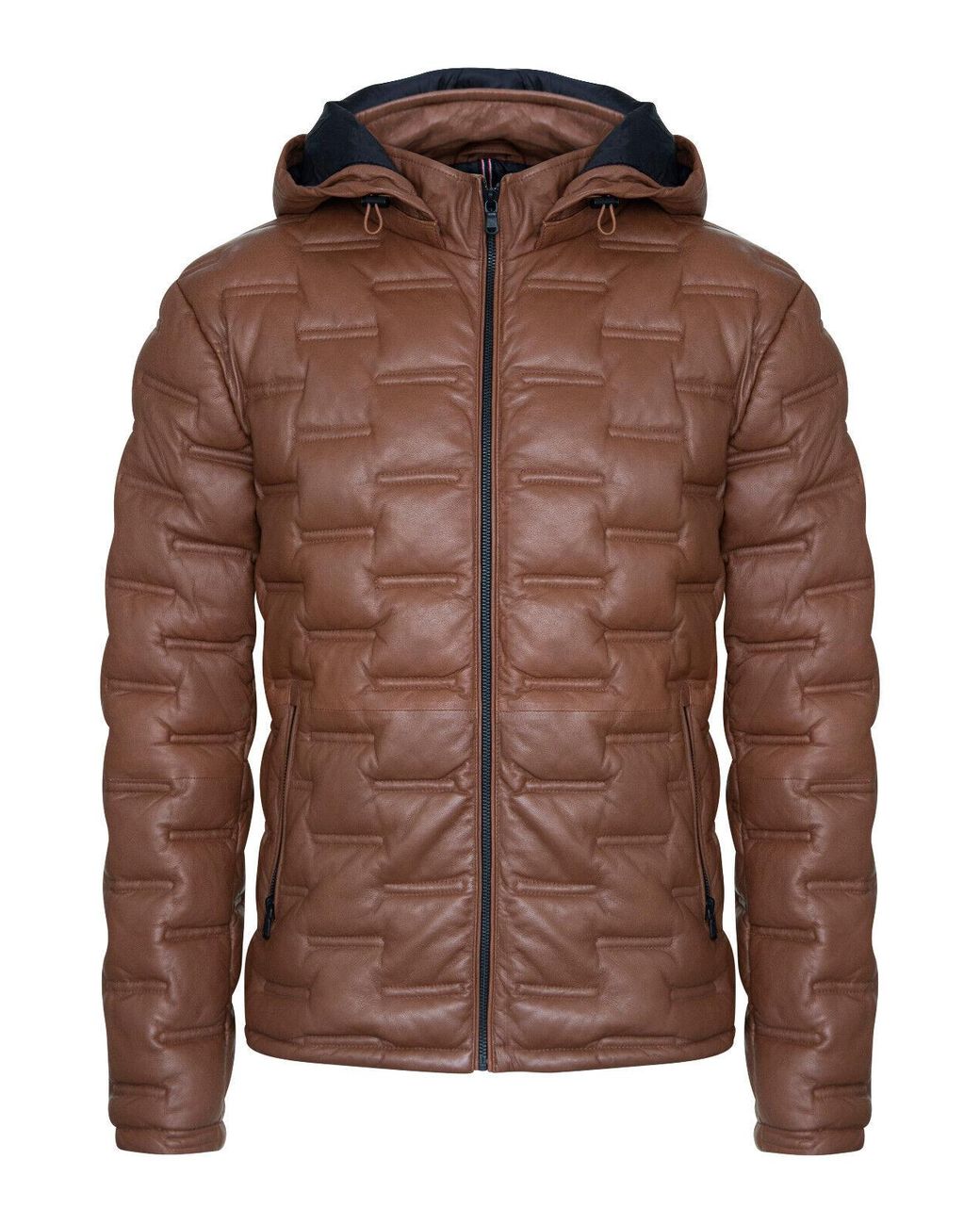 Infinity Leather Brown Hooded Puffer Quilted Bomber Jacket for men