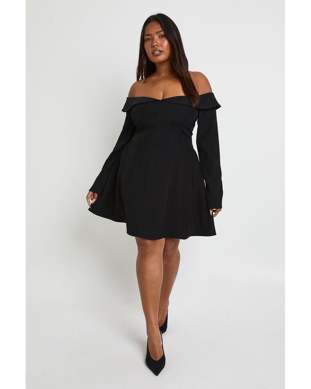 Boohoo Black Plus Long Sleeve Bardot Structured Skater Dress