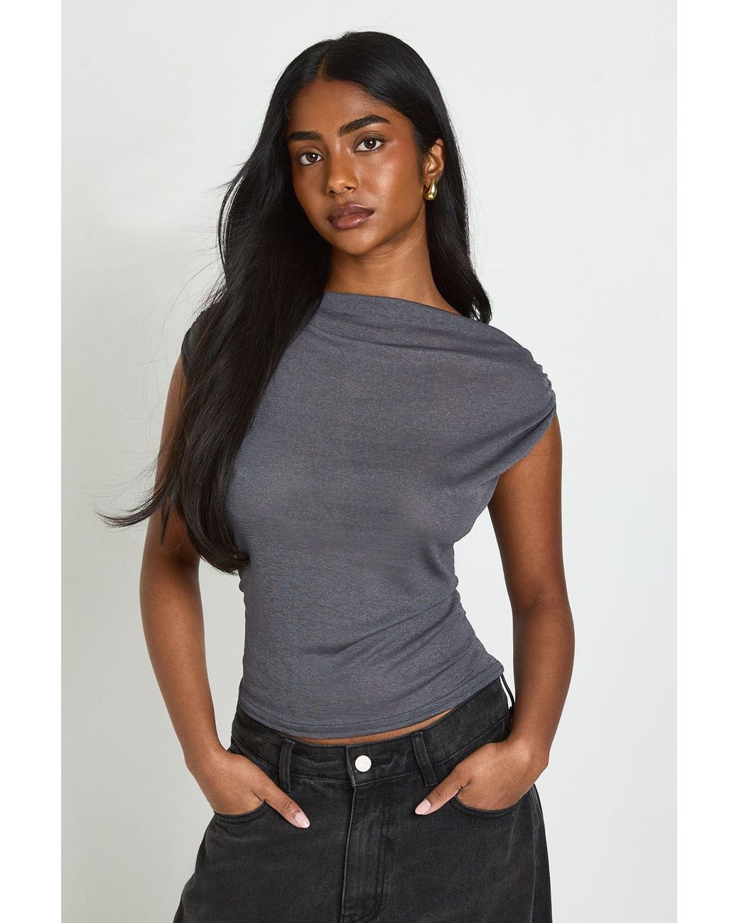 Boohoo Gray Sheer Draped Neck Sleeveless Top