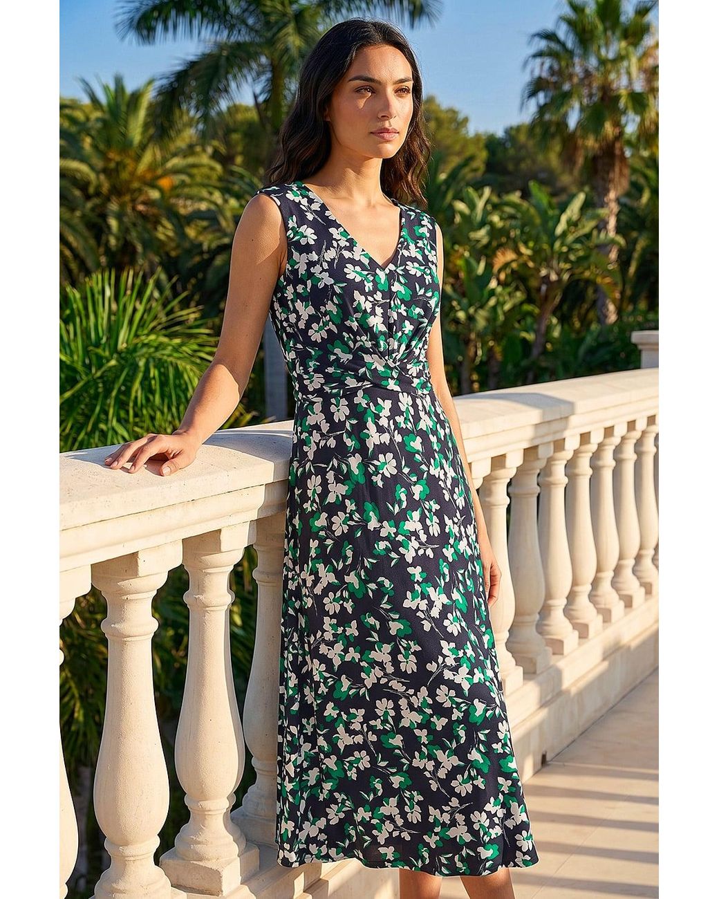 Roman Blue Floral Twist Front Dress