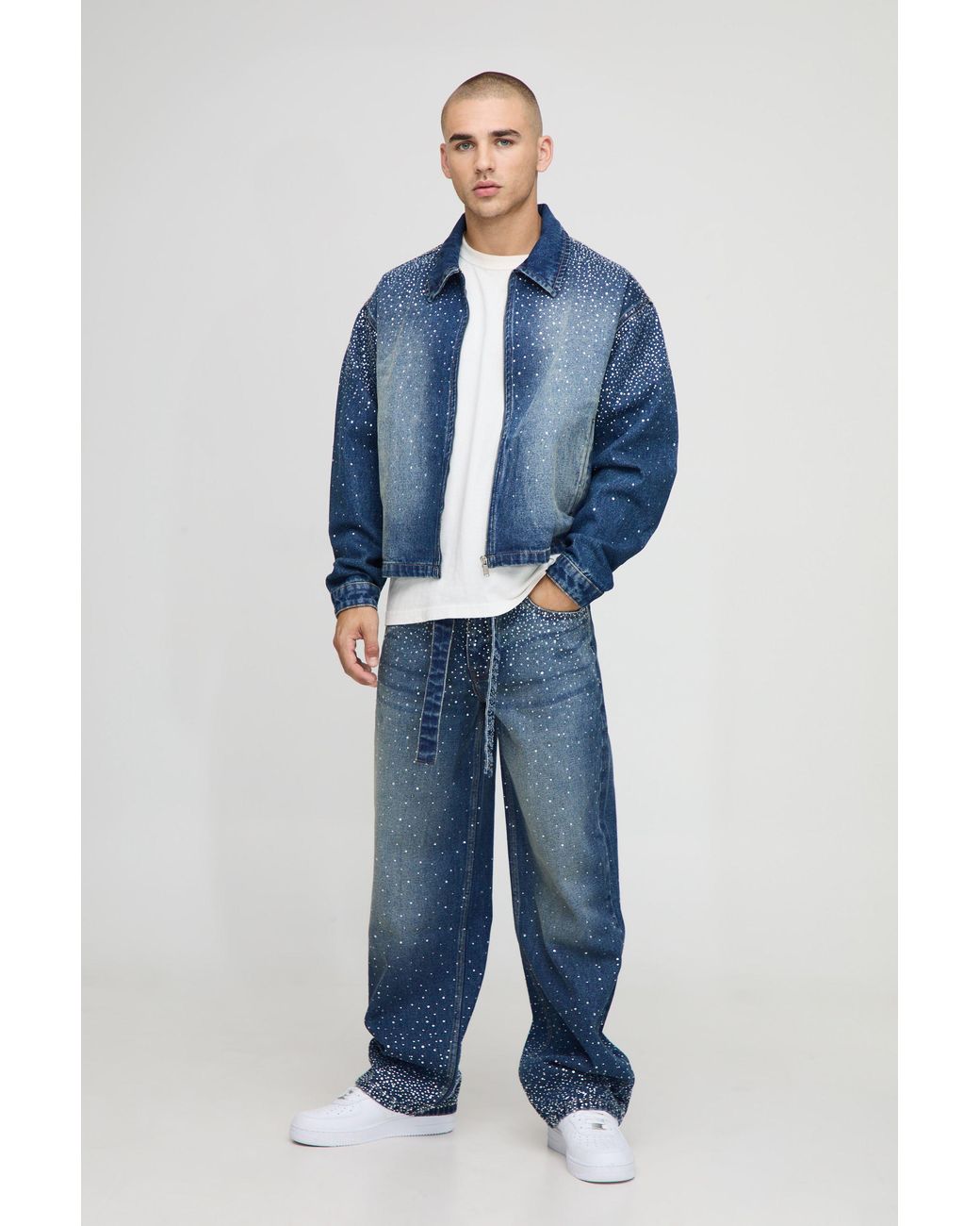 BoohooMAN Blue Boxy Rhinestone Jean Jacket for men