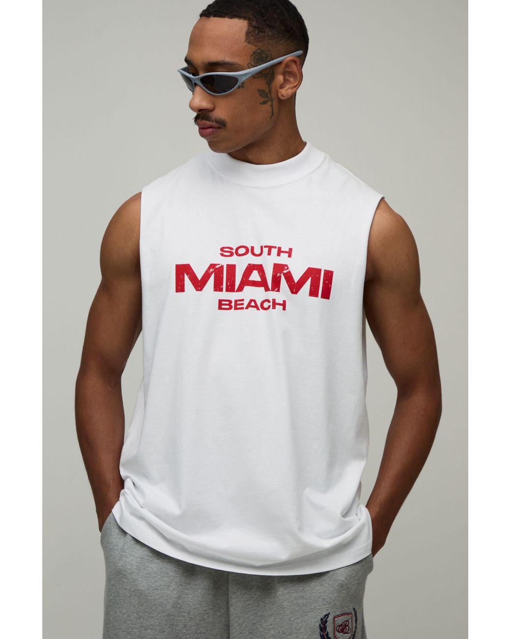 BoohooMAN Gray Oversized Miami Print Tank Cotton for men