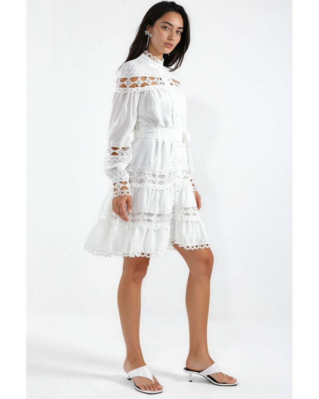 Msn-Collection White Belted Lace Mini Dress