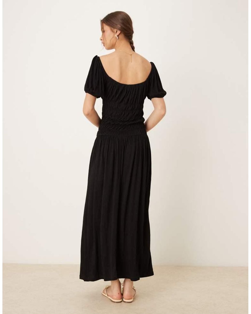 ASOS Black Crinkle Shirred Waist Milkmaid Puff Sleeve Midi Tea Dress