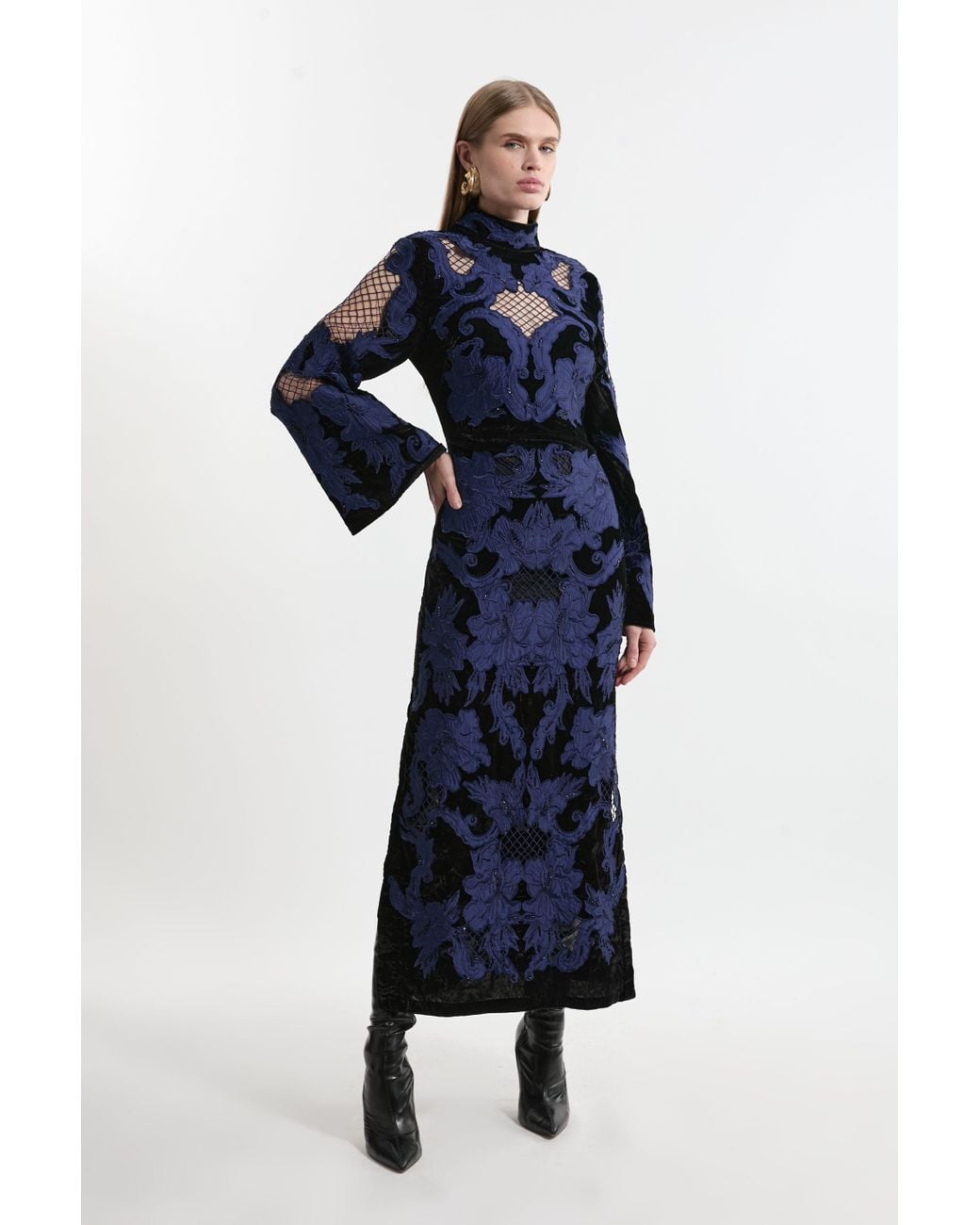 Karen Millen Velvet Applique & Beaded Woven Column Midi Dress in Blue |  Lyst UK