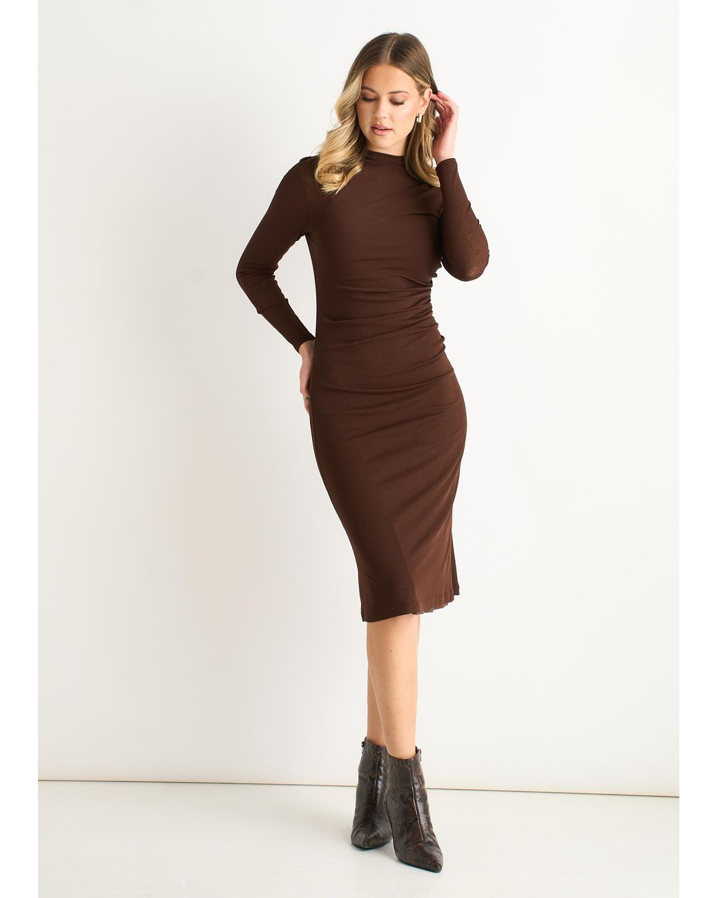 Gini London Natural Ruched Jersey Long Sleeves Midi Dress