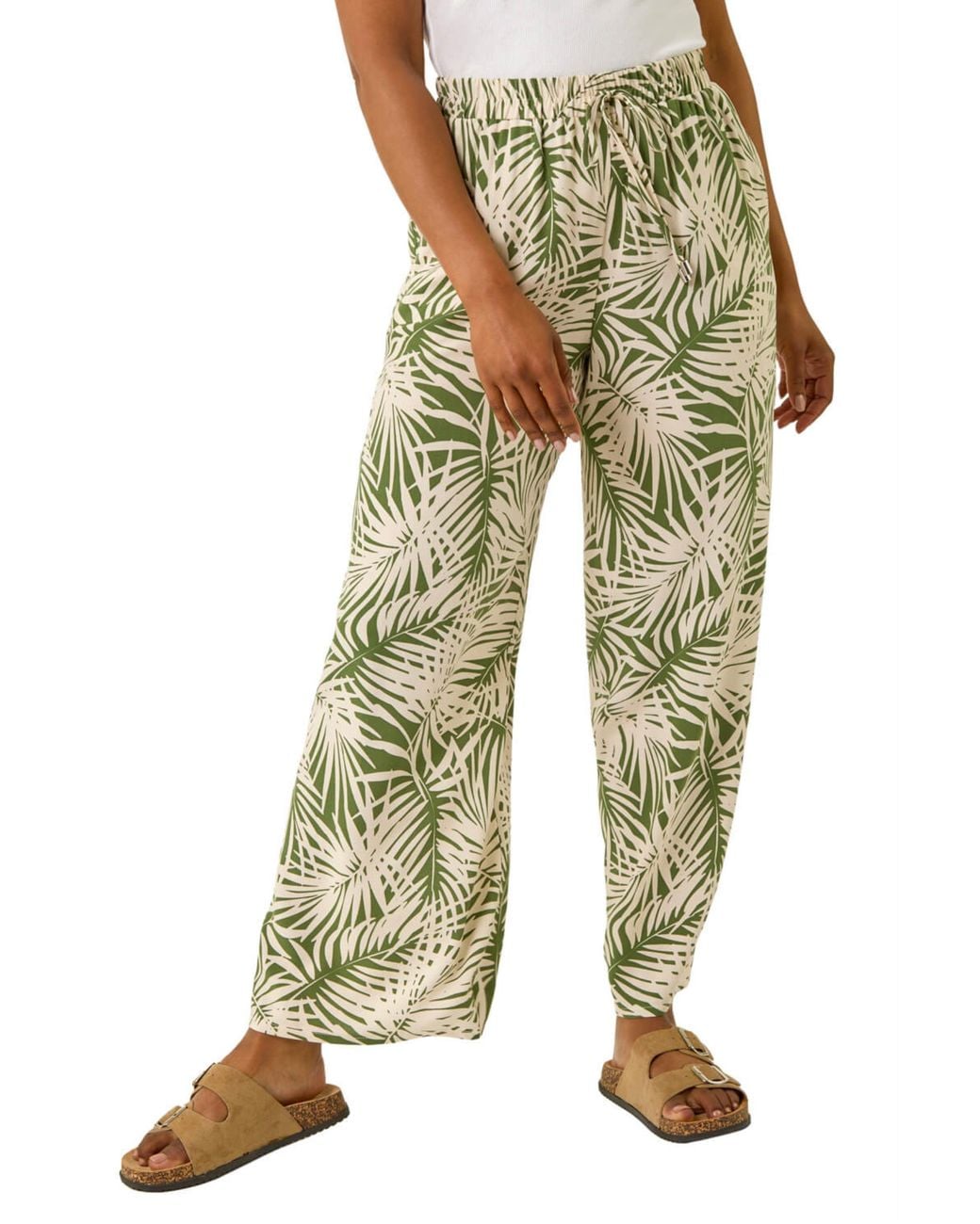 Roman Green Petite Leaf Print Wide Leg Trouser