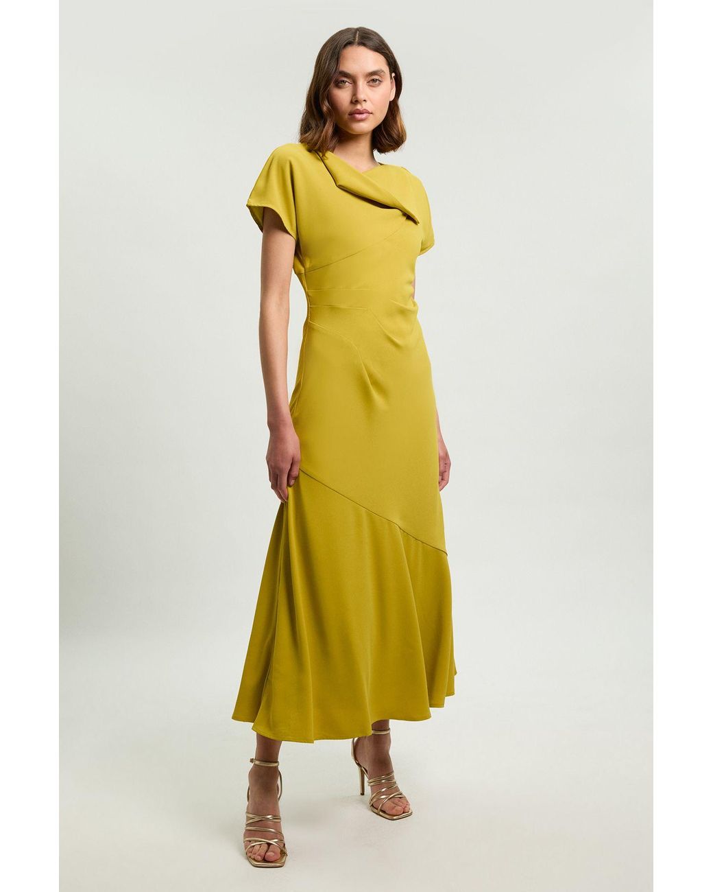 Karen Millen Yellow Brush Stroke Print Twill Angel Sleeve Woven Maxi Dress