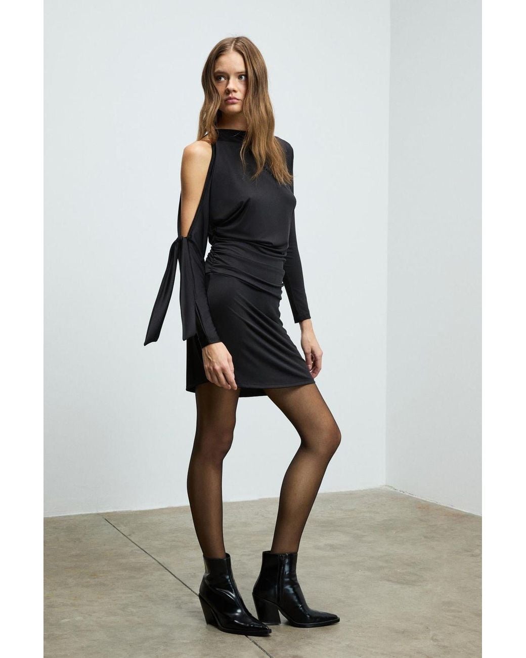 Grimelange Black One-Shoulder Tie Detail Mini Dress