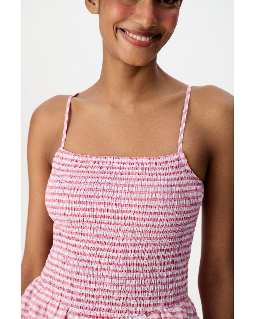 Penti Pink Plaid Mini Dress With Shirred Bodice