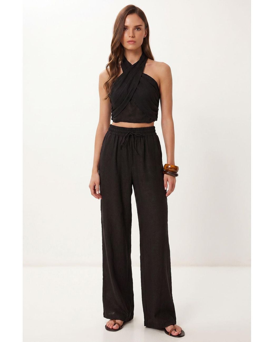 Happiness İstanbul Blue Halter Blouse And Wide-Leg Trousers Set