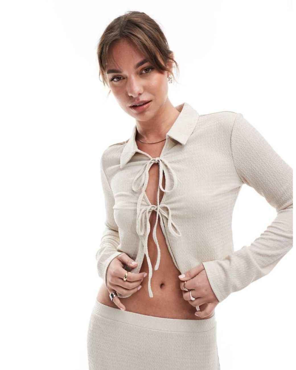 Vero Moda Natural Textured Jersey Tie Front Long Sleeve Top Co-ord
