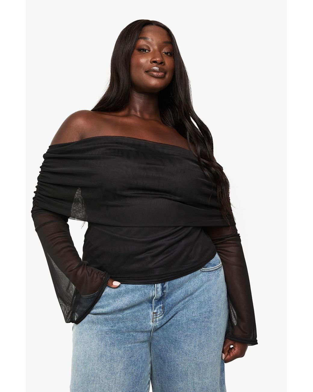 Boohoo Black Plus Mesh Bardot Long Sleeve Top