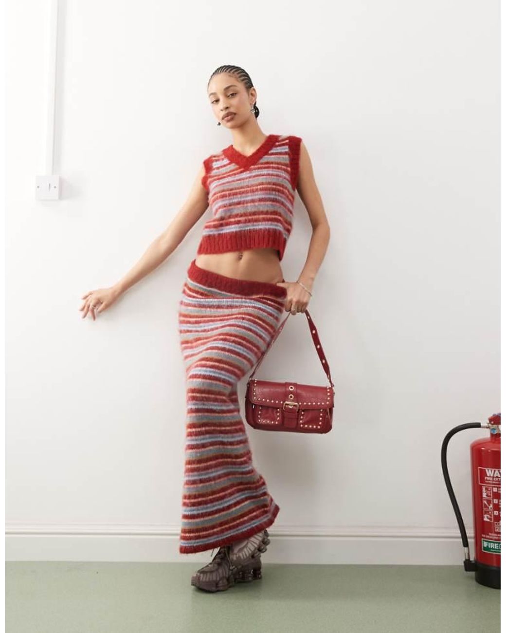 Collusion White Striped Fluffy Knitted Maxi Skirt