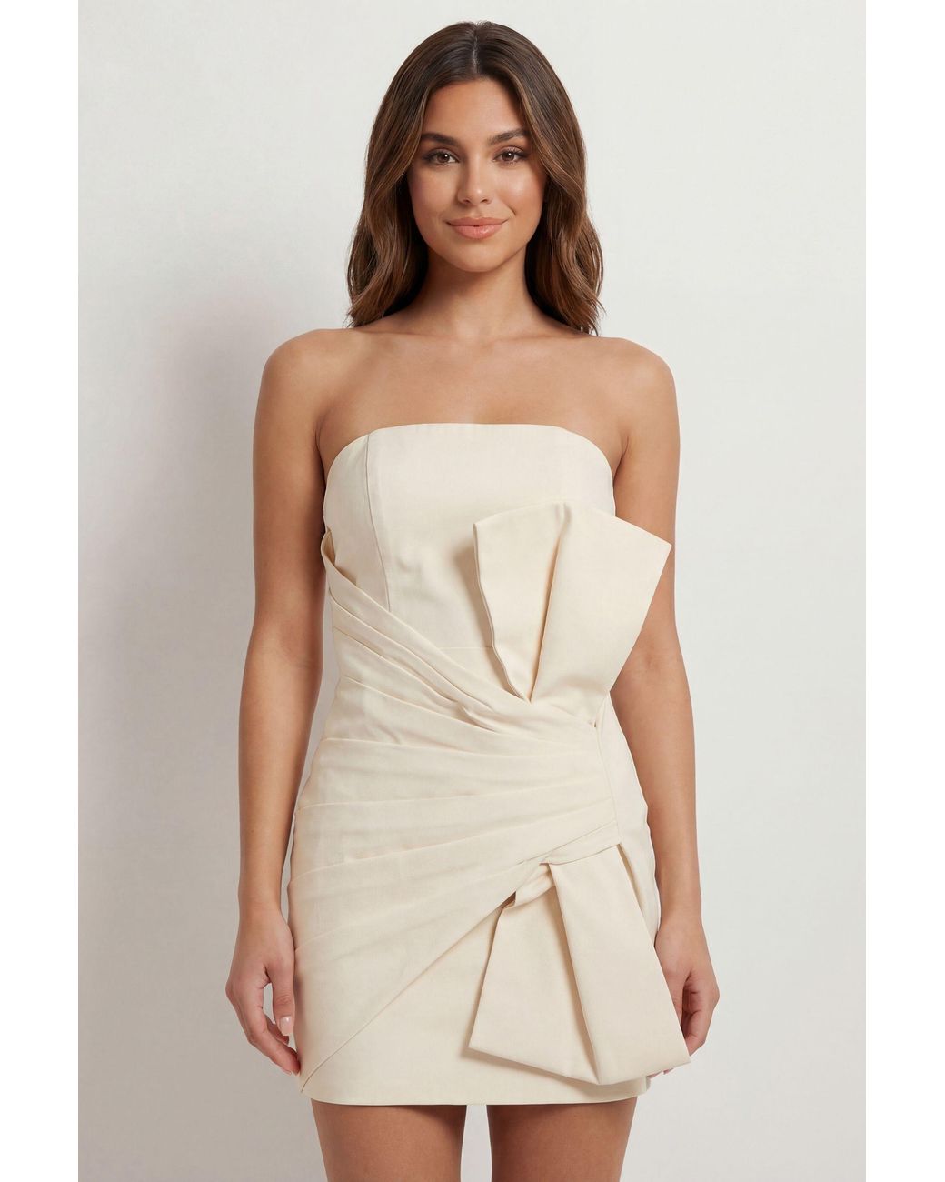 MissPap Natural Bandeau Structured Bow Twill Mini Dress