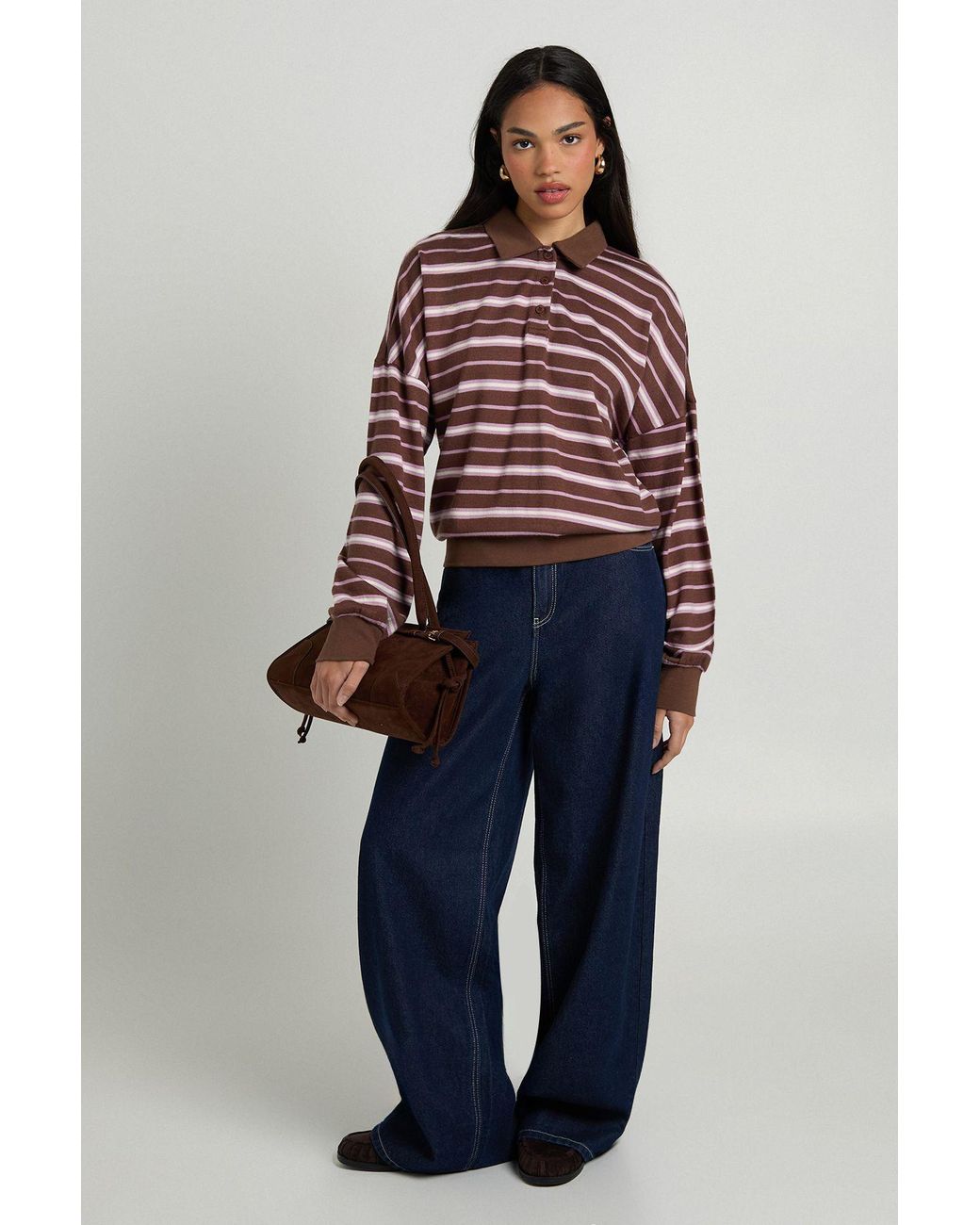 Boohoo Blue Knitted Stripe Rugby Polo Top