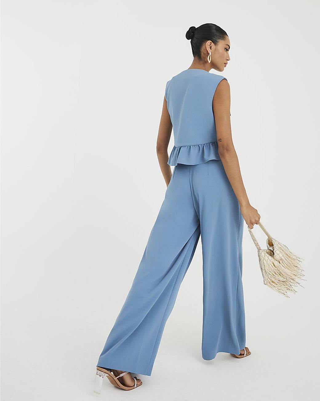 River Island Blue Wide Leg Trousers Pleated Zip