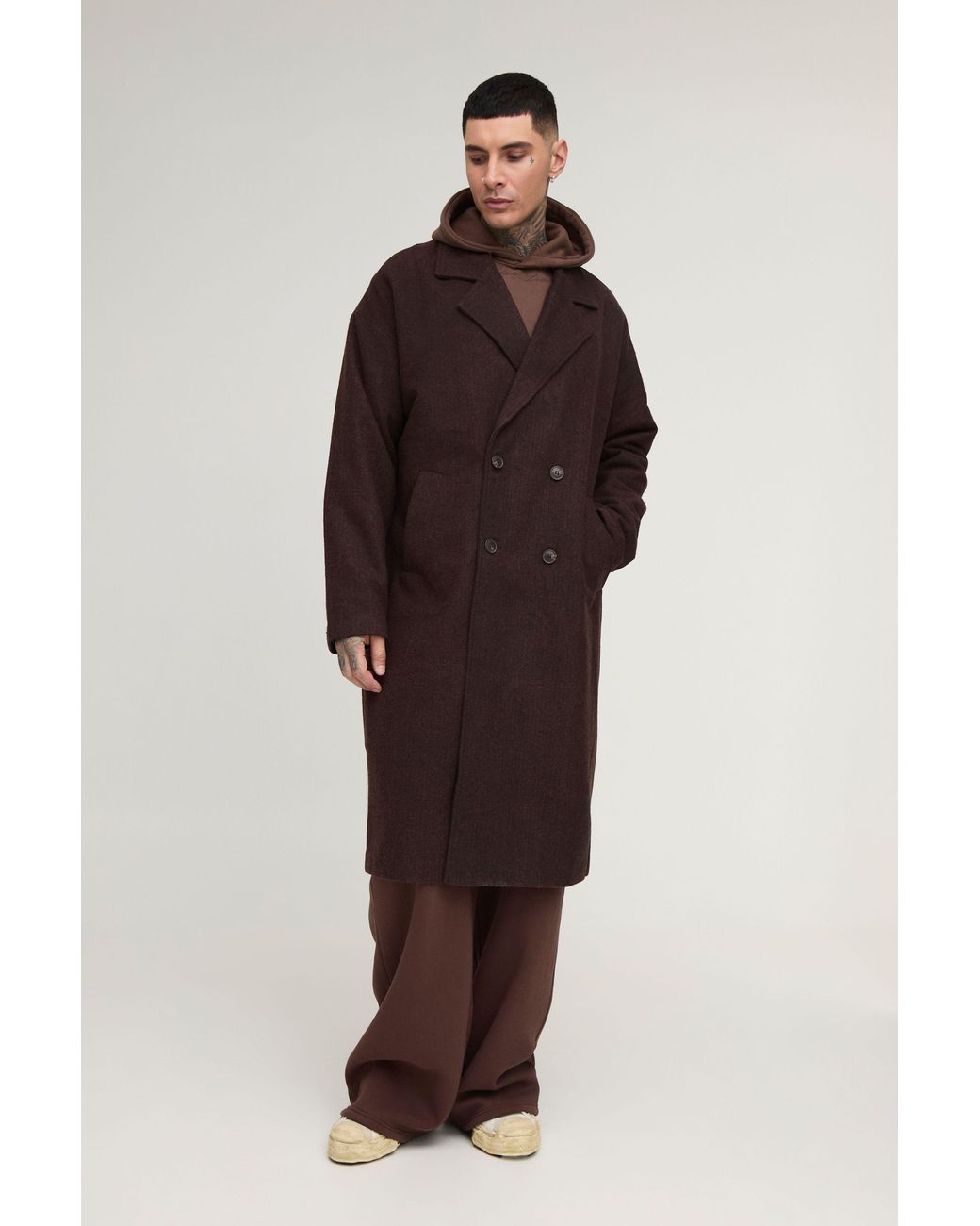 BoohooMAN Tall Oversized Drop Shoulder Herringbone Overcoat In Brown for men