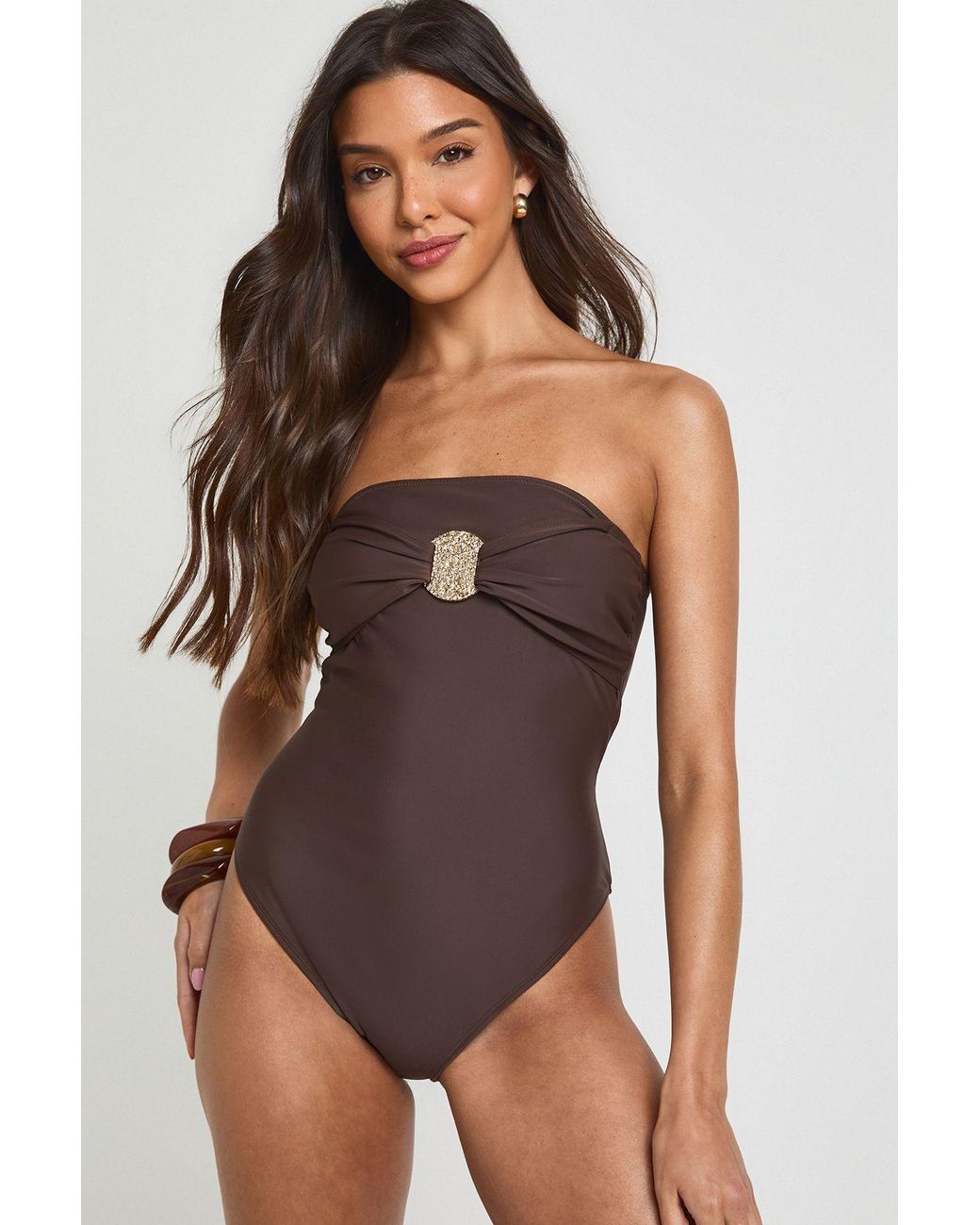 Boohoo Brown Trim Detail Bandeau Swimsuit