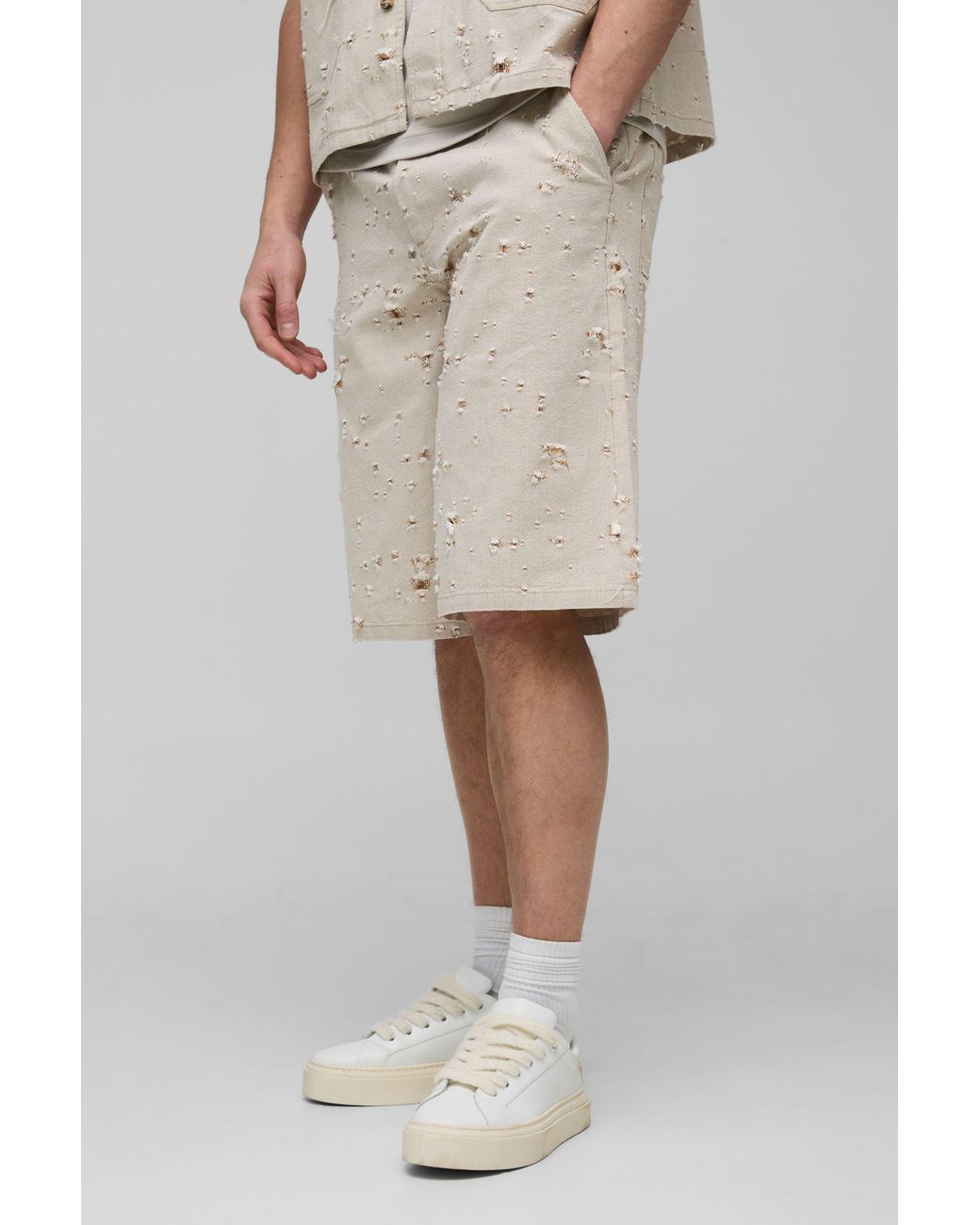 BoohooMAN Natural Tall Nibbled Denim Relaxed Fit Shorts for men