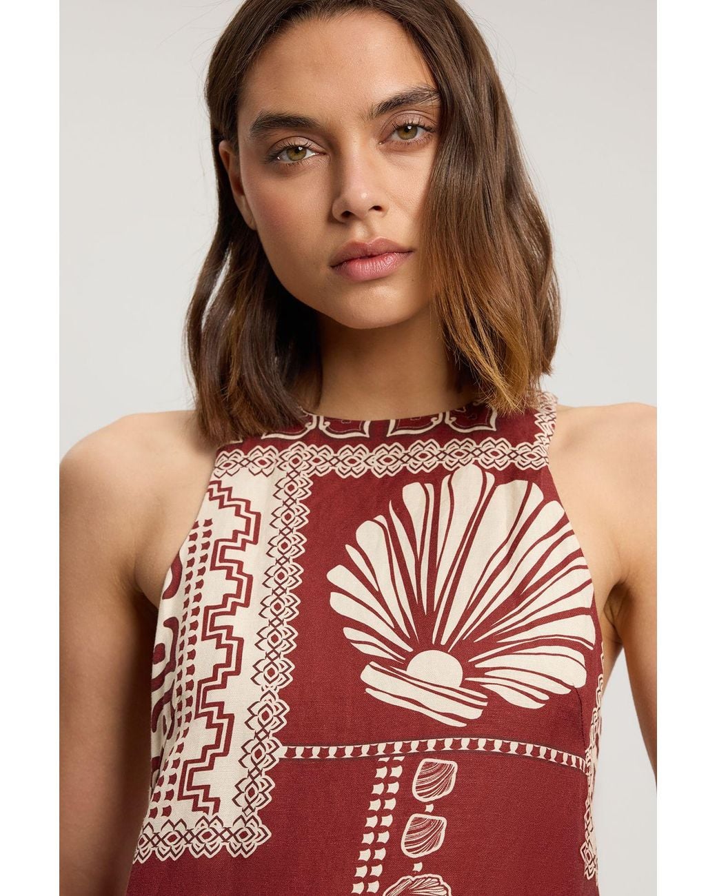 Karen Millen Red Linen Viscose Tile Print Woven Midi Dress