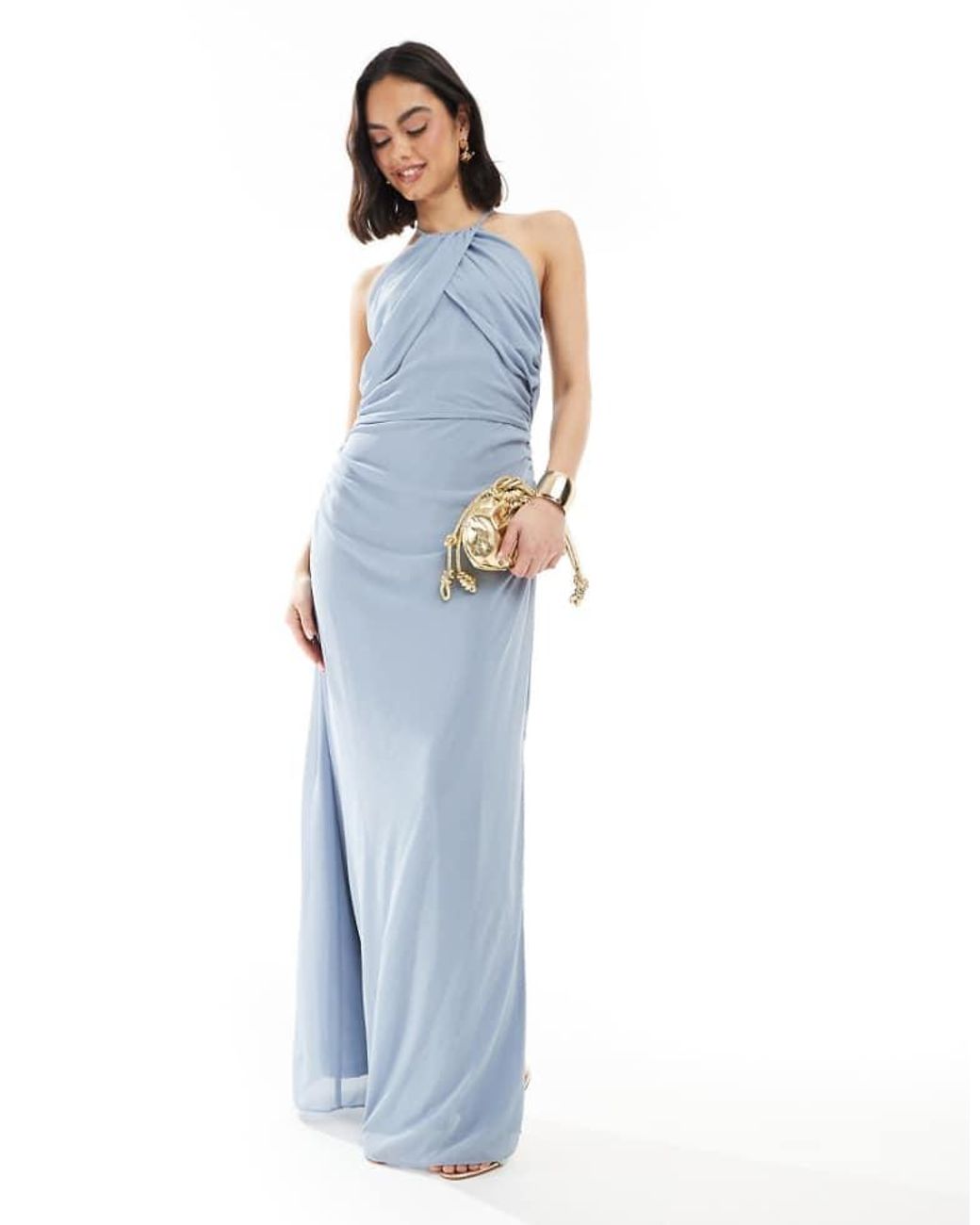 TFNC London Blue Bridesmaid Cross Front Maxi Dress With Cowl Back